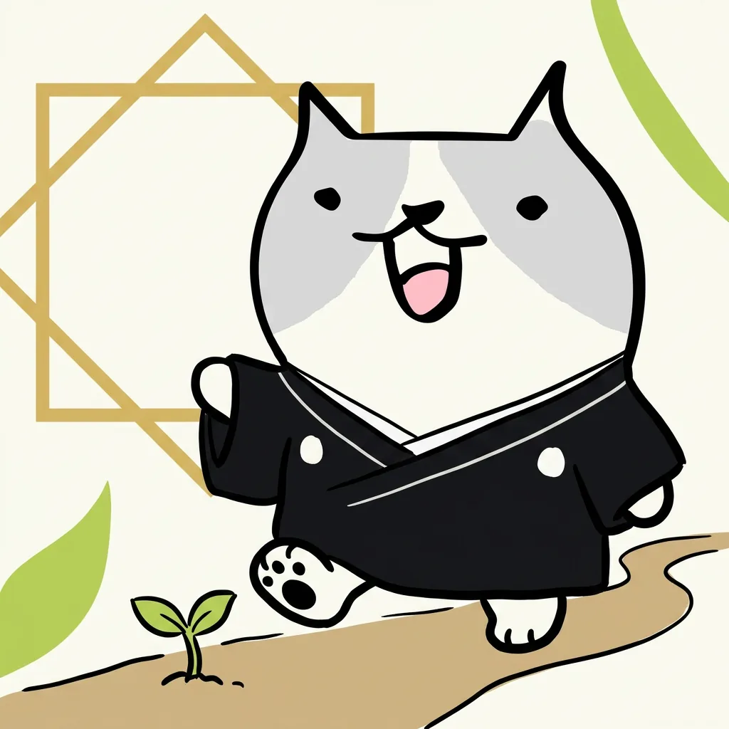 羽織を着た吟ねこが一歩を踏み出すイラスト